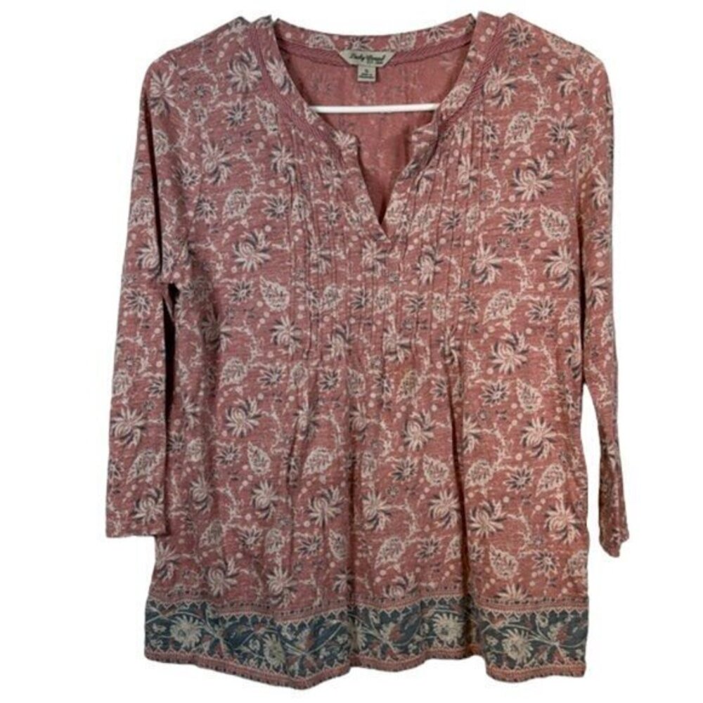 Lucky Brand V-Neck Pink Blue 3/4 Sleeve Shirt Size Small GUC #6549